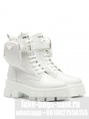 Prada Women's Monolith Leather And Nylon Fabric Boots 1T255M White
