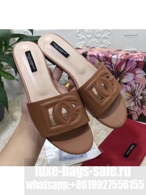 Dolce & Gabbana Calfskin Flat Sliders Brown With DG Millennials Logo 2021