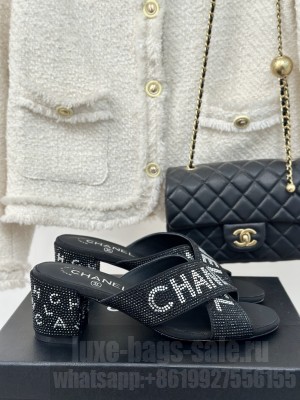 Chanel 4cm Rhinestone Letter Cross Strap Slide Mule Black 02