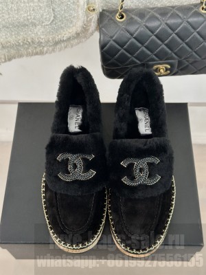 Chanel Suede & Wool Fur Wood Loafer Black 2024