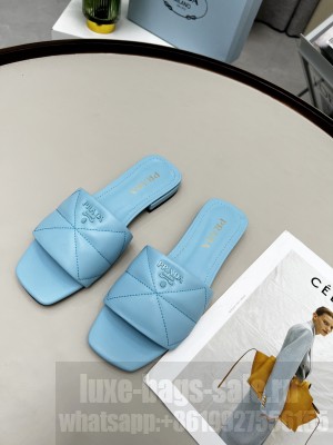 Prada Calfskin Leather Flat Slide Sandals 2022 Collection Blue