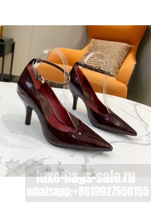 Louis Vuitton Attitude Glazed Leather Pumps 8.5cm with Ankle Strap Burgundy 2021 Collection
