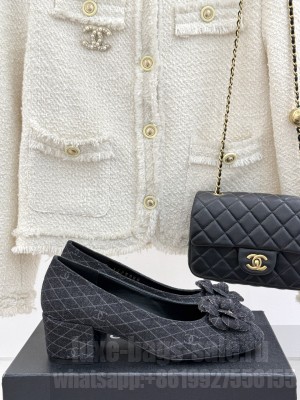 Chanel Quilted Denim Pumps with Camellia Bloom Charm Black 2025