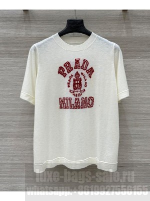 Prada Women's Cashmere Intarsia T-shirt Cream