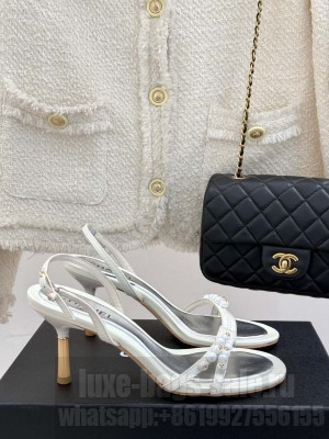 Chanel Vintage Calfskin Heel Sandals 7.5cm with Pearls White/Silver 2025