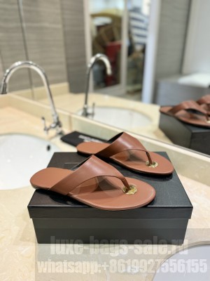 Saint Laurent Kouros Leather Thong Sandals Brown 2024
