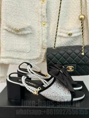 Chanel Glitter Heel 6cm Imitation Pearls G45812 Sandals Silver