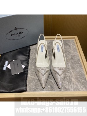 Prada Women's 5.5cm Satin Slingback Sandals With Crystals 2022 Collection,White