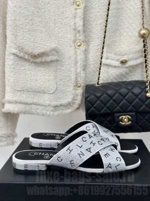 Chanel Rhinestone Letter Cross Strap Slide Flat Silver 01