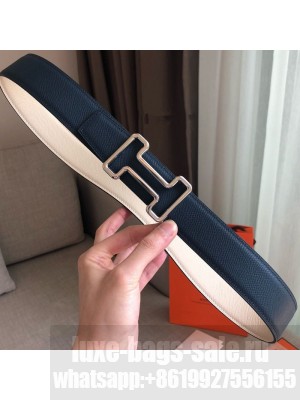 Hermes Tonight Reversible Leather Buckle Belt 38mm Blue/White/Silver 2019 Collection