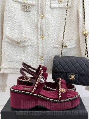 Chanel platform double C with chain sandals Burgundy Velvet 2025