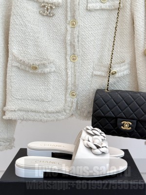 Chanel Lambskin Leather Flat Slides Sandal with Camellia White 2025