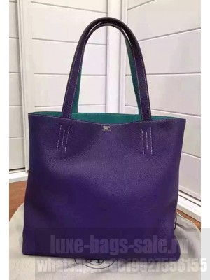 Hermes Double Sens Shopping Tote Bag In Original Togo Leather Dark Purple/Green