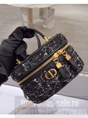 Dior Caro Mini Vanity Case Black Cannage Tweed  S5198U