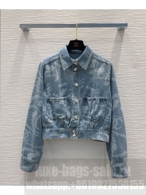 Chanel Women's Pearl Chain Print Denim Jacket Blue
