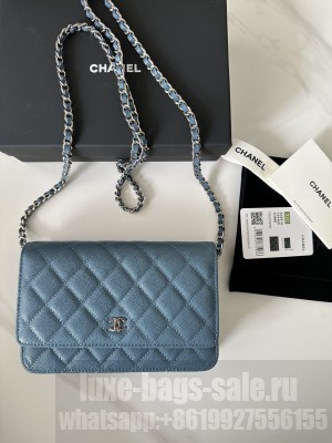 Chanel Caviar Leather & Silver-Tone Metal Wallet On Chain WOC Bag A33814 Blue