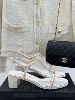 Chanel Lambskin Sandals 5cm with Chain and Heart G46109 White
