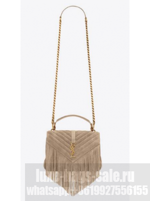 SAINT LAURENT COLLEGE MEDIUM CHAIN BAG IN LIGHT SUEDE WITH FRINGES 5317050 DUSTY GREY