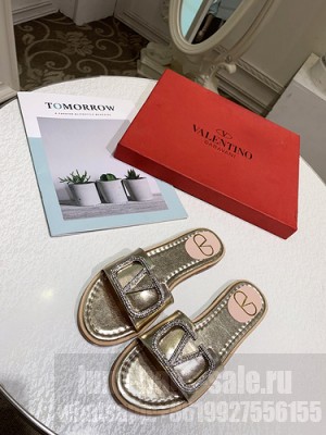VALENTINO VLOGO SIGNATURE SLIDE SANDALS NUDE GOLD/CRYSTALS 2021 09