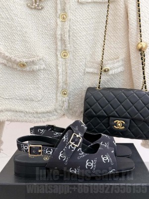 Chanel satin CC logo flat sandals black