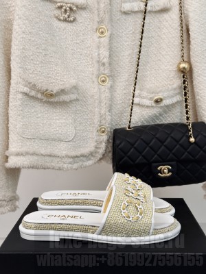 Chanel CC Chain Logo Fabric Slide Mule 2024 Yellow
