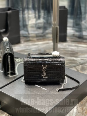 SAINT LAUREN SUNSET CHAIN WALLET IN CROCODILE-EMBOSSED SHINY LEATHER A533026 BLACK