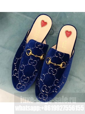 Gucci Women's Princetown Horsebit Slipper GG Velvet Blue