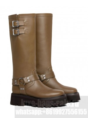 Celine Women's Bulky Biker High Boot In Calfskin Khaki