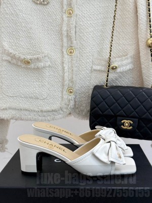 Chanel Lambskin Heel Slides Sandal with Bow White 2025