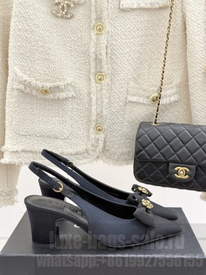 Chanel Camellia Bowknot Chunky Heel Slingback Sandals blue 2025 