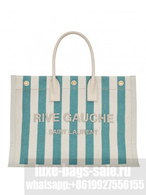 Saint Laurent Rive Gauche Tote Bag In Striped Canvas And Smooth Leather Blue
