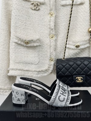 Chanel Crystals 6cm Mule Slide Sandals with Logo Band White 2024