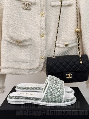 Chanel CC Chain Logo Fabric Slide Mule 2024 Green
