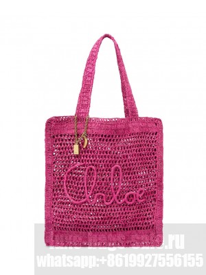 Chloe Summer Banana Tote Bag In Raffia Peachblow