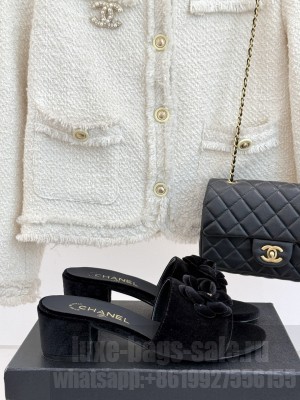 Chanel Velvet Heel Slides Sandal 5cm with Camellia Burgundy 2025