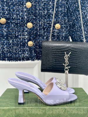 Gucci Women's Calfskin 7cm Crystals Double G Mule Slide Sandals Purple