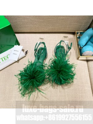 Bottega Veneta FEATHER DOT Leather and ostrich feather flat sandals Grass Green 2021 Collection