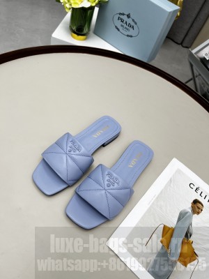 Prada Calfskin Leather Flat Slide Sandals 2022 Collection Light Blue
