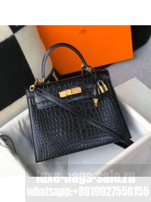 Hermes Kelly 25/28cm in Crocodile Embossed Calf Leather Black/Gold 2019 (Half Handmade) Collection