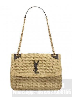 Saint Laurent Niki Medium Chain Bag In Raffia And Leather Apricot