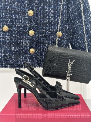 VALENTINO ROCKSTUD BOW SLINGBACK BLACK PATENT LEATHER PUMP 80MM