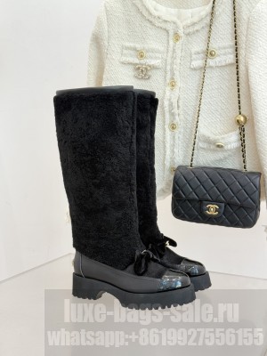 Chanel Shearling Lambskin & Patent Calfskin Black High Boot