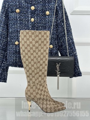 Gucci Metal-Tone Heel High Boots 8.5cm in GG Canvas Beige 2023