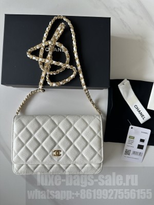 Chanel Caviar Leather & Gold-Tone Metal Wallet On Chain WOC Bag A33814 White