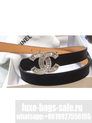 Chanel Width 2cm Crystal CC Logo Buckle Leather Belt Black