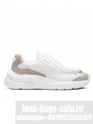Prada Unisex Systeme Brushed Leather Sneakers With Bike Fabric And Suede Elements White