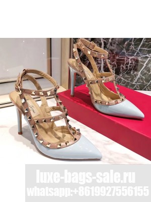 Valentino Heel 9.5cm Rockstud Caged Pumps in Patent Leather Light Blue