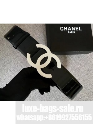 Chanel Width 5.3cm Patent Leather Belt Black with White CC Logo