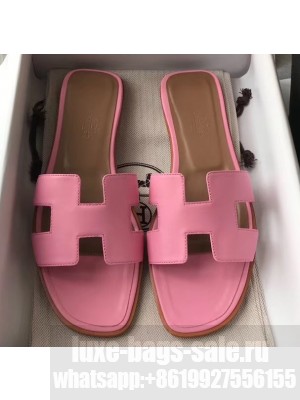 Hermes Oran Flat Slipper Sandals in Swift Box Calfskin Pink/Coffee