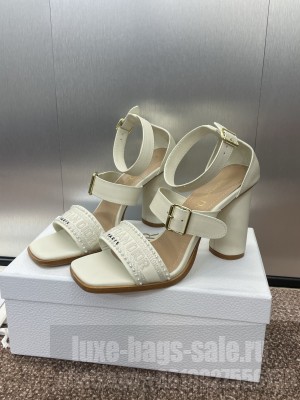 Dior Dway Heeled Sandals 9.5cm in White Calfskin and Embroidered Cotton 2025